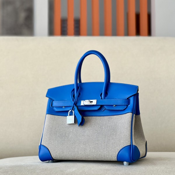 「#4694」Hermes Birkin71 French blue/silver buckle Swift leather and canvas, hand-sewn wax thread 25cm