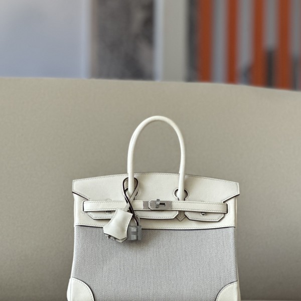 「#4695」Hermes Birkin71CC10 Milkshake White/Silver Buckle Swift Leather and Canvas, Hand-sewn Wax Thread 25cm