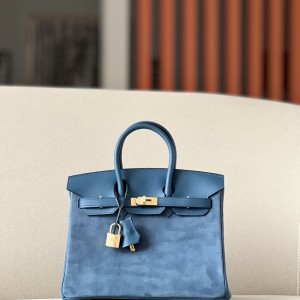 「#4697」Hermes BirkinM8Z7 Ocean Blue/Gold Buckle Swift Leather and Suede, Hand-sewn Wax Thread 25cm