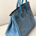「#4697」Hermes BirkinM8Z7 Ocean Blue/Gold Buckle Swift Leather and Suede, Hand-sewn Wax Thread 25cm