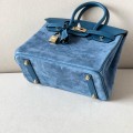 「#4697」Hermes BirkinM8Z7 Ocean Blue/Gold Buckle Swift Leather and Suede, Hand-sewn Wax Thread 25cm