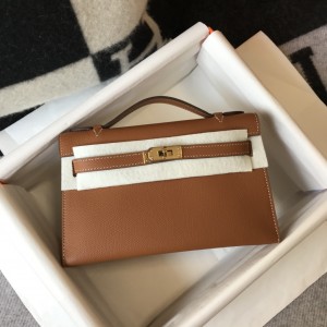 「#4087」 Hermes Golden Brown Mini Kelly Bag No. 1 Gold Buckle 22*14*7cm