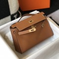 「#4087」 Hermes Golden Brown Mini Kelly Bag No. 1 Gold Buckle 22*14*7cm