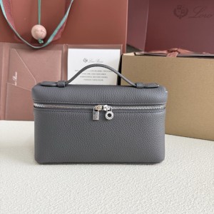 「#7057」Loro pian Extra Pocket L19 silver buckle -FAI8393 - 19x6.5x11cm - dark gray