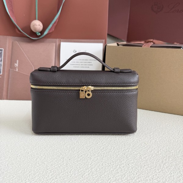 「#7062」Loro pian Extra Pocket L19 silver buckle -FAI8393 - 19x6.5x11cm - dark brown