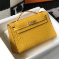 「#4091」 Hermès Evening Bag Yellow Crocodile Leather Mini Kelly Bag No. 1 Gold Buckle 22*14*7cm
