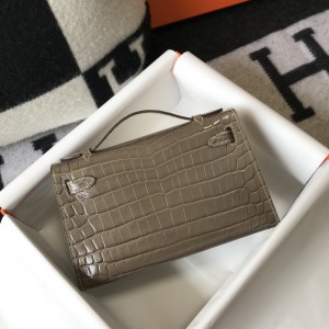 「#4093」 Hermès Evening Bag Elephant Grey Crocodile Leather Mini Kelly Bag No. 1 Gold Buckle 22*14*7cm