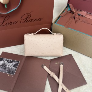「#7080」Loro pian Extra Pocket L19 silver buckle - FAN1034 - 19x6.5x11cm - pink sand color，Ostrich pattern