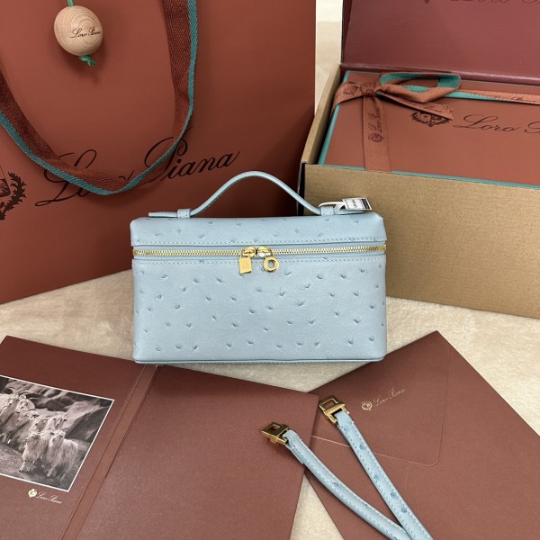 「#7086」Loro pian Extra Pocket L19 gold buckle- FAI8393 - 19x6.5x11cm - blue clear color,Ostrich skin 「#7086」Loro pian Extra Pocket L19 gold buckle- FAI8393 - 19x6.5x11cm - blue clear color,Ostrich skin