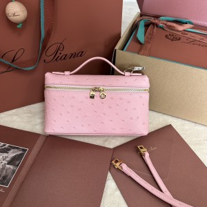 「#7089」Loro pian Extra Pocket L19 gold buckle - FAN1034 - 19x6.5x11cm - Sakura powder，Ostrich skin