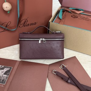 「#7090」Loro pian Extra Pocket L19 silver buckle - FAN1034 - 19x6.5x11cm - Claret，Ostrich skin