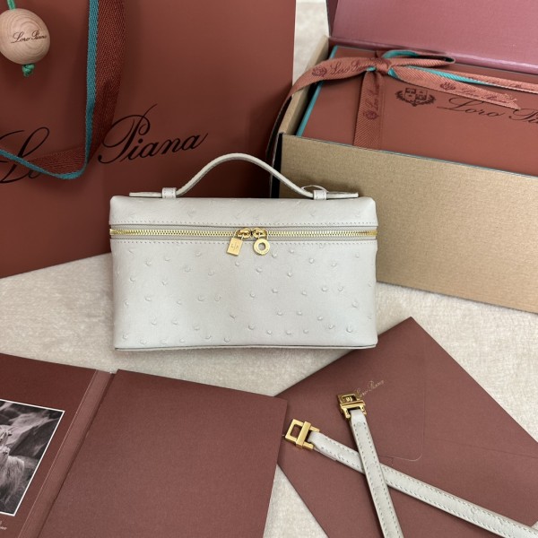 「#7092」Loro pian Extra Pocket L19 gold buckle - FAN1034 - 19x6.5x11cm - light beige，Ostrich skin
