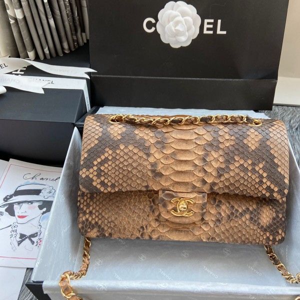 「#10046」Chanel South African python leather custom model with full deerskin lining 01112 25.5*7*16CM