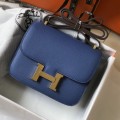 「#4134」 Hermès Agate Blue Constance Gold Buckle Bag 19cm