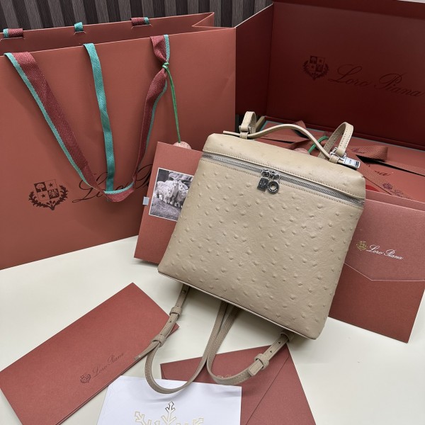 「#7125」Loro pian Extra Pocket L23.5 silver buckle - FAI8511 - 21✖️23.5✖️8cm - Gray apricot，Ostrich skin