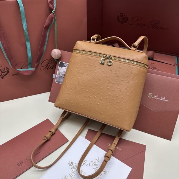 「#7126」Loro pian Extra Pocket L23.5 gold buckle - FAI8511 - 21✖️23.5✖️8cm - golden brown，Ostrich skin