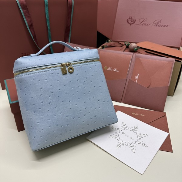 「#7129」Loro pian Extra Pocket L23.5 gold buckle - FAI8511 - 21✖️23.5✖️8cm - blue clear color，Ostrich skin