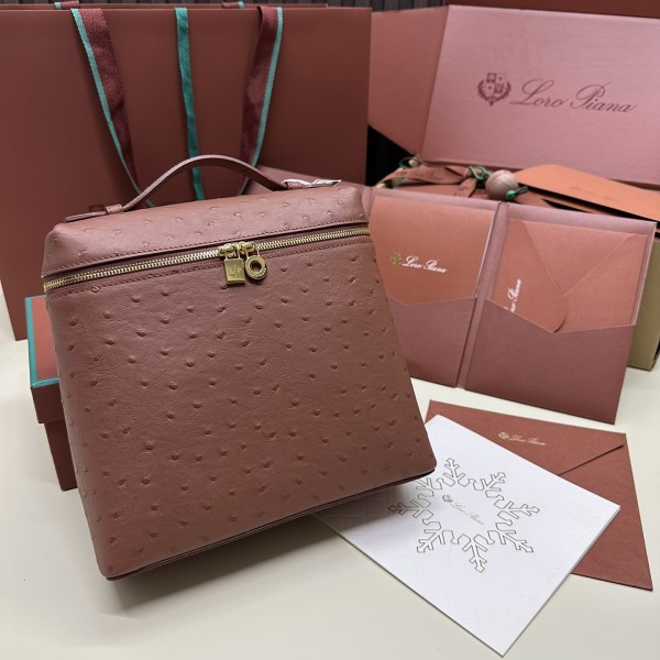 「#7131」Loro pian Extra Pocket L23.5 gold buckle - FAI8511 - 21✖️23.5✖️8cm - red brick color，Ostrich skin