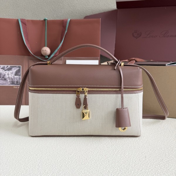 「#7146」Loro pian Extra bag L27 gold buckle - FAN4043 - 16cm*27 cm*10cm - Caramel Canvas