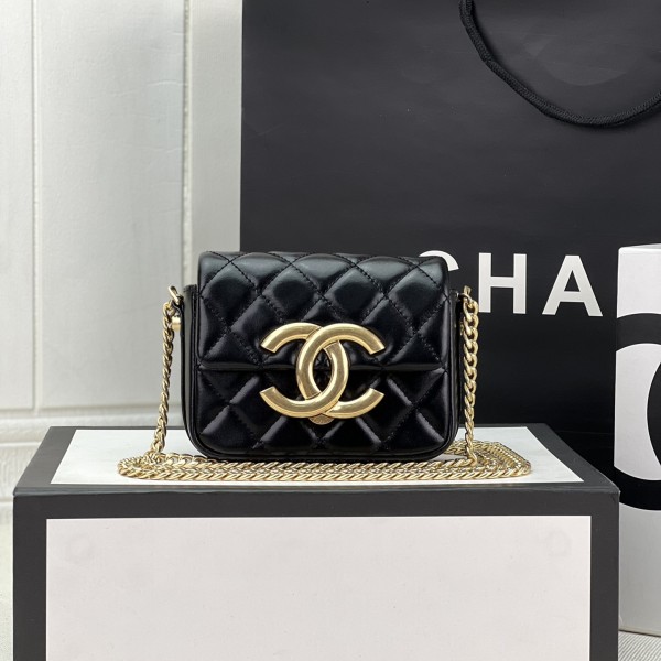 「#10175」Chanel 23p retro black and gold logo small square bag large size AS3125 14.5 *20*6cm