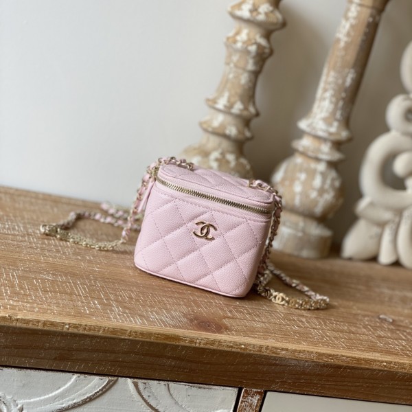 「#10179」 Chanel Pink Leather Box Bag 81186 10.5*8.5*7cm