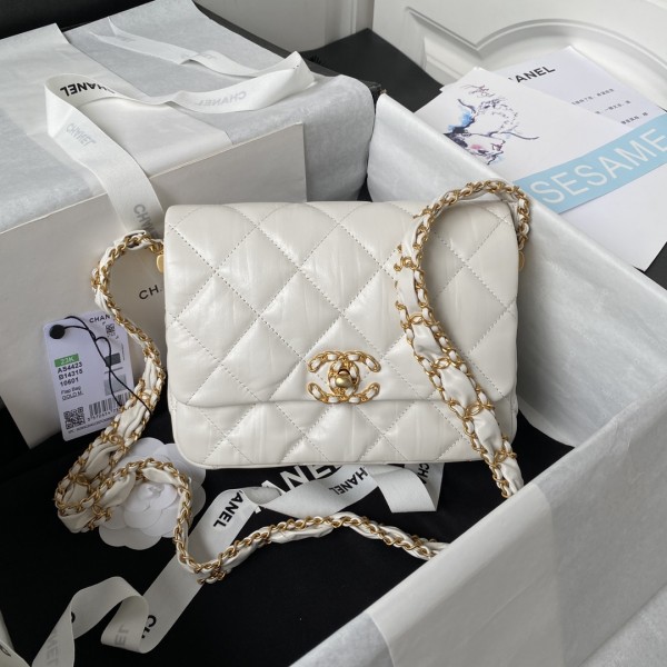 「#10187」Chanel white 23K cowhide wide shoulder strap shoulder bag AS4423 13.5*20.5*5cm