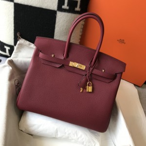 「#4142」Hermès Dark Red Gold Buckle Birkin Bag 30cm