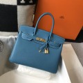 「#4144」 Hermès Lake Blue Gold Buckle Birkin Bag 30cm