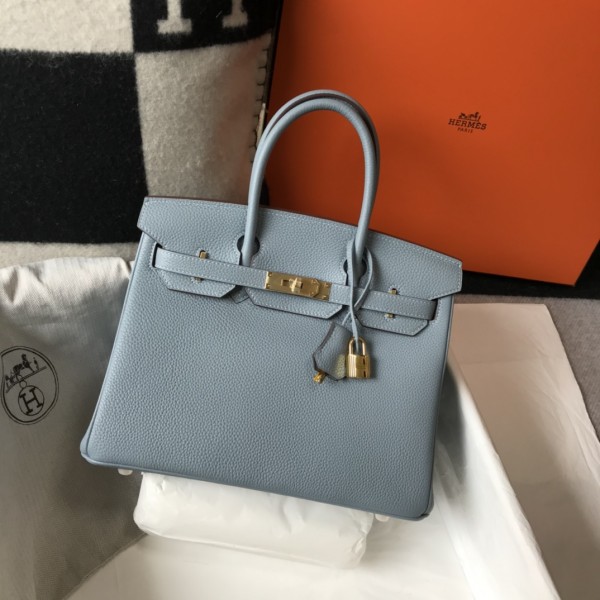 「#4146」Hermès Linen Blue Gold Buckle Birkin Bag 30cm