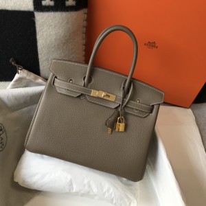 「#4147」Hermès Elephant Grey Gold Buckle Birkin Bag 30cm