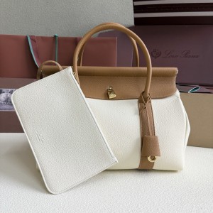 「#7169」Loro pian  Loom L32 gold buckle -  FAN9610 - 33cm✖️23cm✖️18CM - white with brown