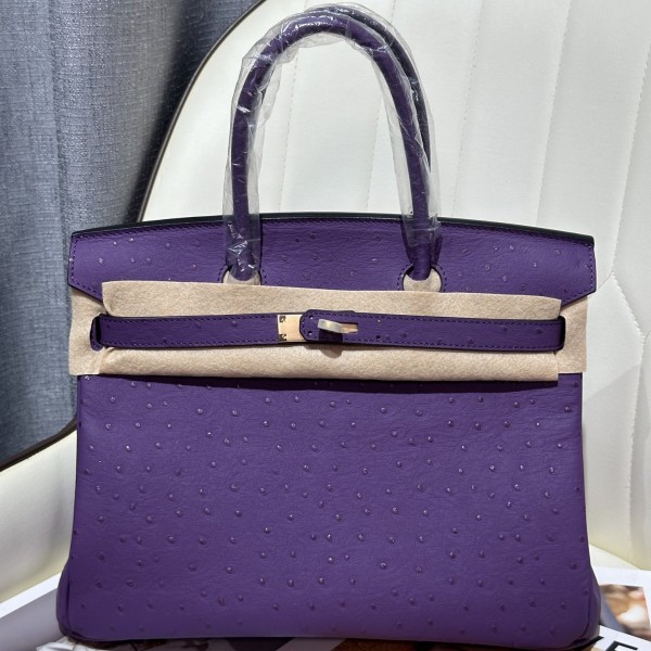 「#4156」 Hermès Purple Ostrich Gold Buckle Birkin Bag 30cm