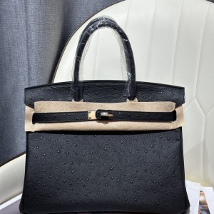 「#4157」 Hermès Black Ostrich Gold Buckle Birkin Bag 30cm