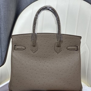 「#4159」Hermès Grey Ostrich Gold Buckle Birkin Bag 30cm