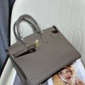 「#4159」Hermès Grey Ostrich Gold Buckle Birkin Bag 30cm
