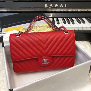「#10248」Chanel 2018 Big V Red Silver Chain 25cm AS8023