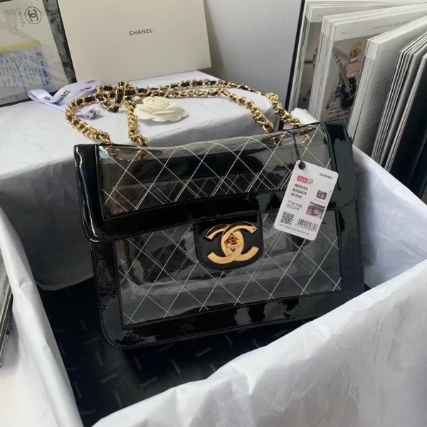 「#10320」Chanel Transparent Bag Black Classic Flap Bag Gold Buckle Gold Chain #58999 30*21*8cm