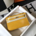 「#4167」 Hermès Evening Bag Yellow Crocodile Leather Mini Kelly Bag No. 1 Gold Buckle 22*14*7cm