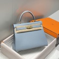「#4168」 Hermès Linen Blue Kelly Bag Gold Buckle 25cm