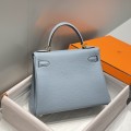 「#4168」 Hermès Linen Blue Kelly Bag Gold Buckle 25cm