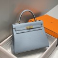 「#4168」 Hermès Linen Blue Kelly Bag Gold Buckle 25cm