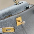 「#4168」 Hermès Linen Blue Kelly Bag Gold Buckle 25cm