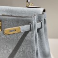 「#4168」 Hermès Linen Blue Kelly Bag Gold Buckle 25cm