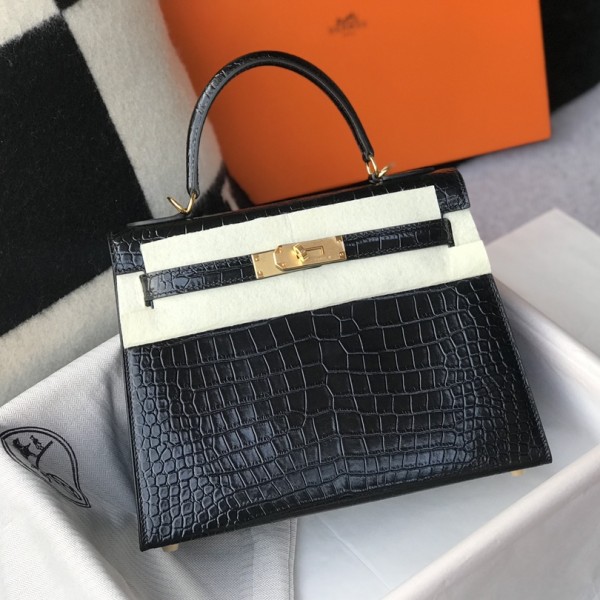 「#4169」 Hermès Crocodile Pattern Black Kelly Bag Gold Buckle 25cm 「#4169」 Hermès Crocodile Pattern Black Kelly Bag Gold Buckle 25cm