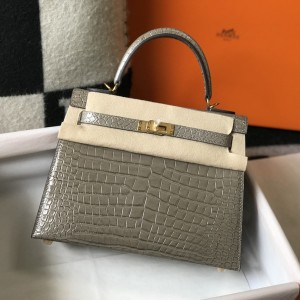 「#4170」 Hermès Crocodile Pattern Elephant Gray Kelly Bag Gold Buckle 25cm