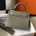 「#4170」 Hermès Crocodile Pattern Elephant Gray Kelly Bag Gold Buckle 25cm