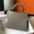 「#4170」 Hermès Crocodile Pattern Elephant Gray Kelly Bag Gold Buckle 25cm