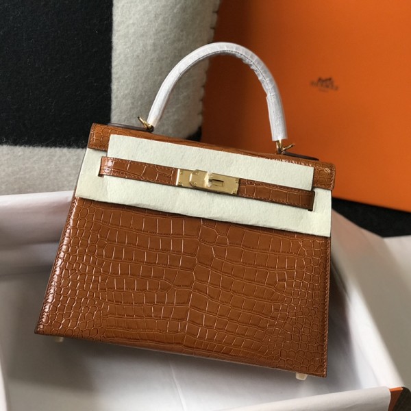 「#4171」 Hermès Crocodile Pattern Golden Brown Kelly Bag Gold Buckle 25cm