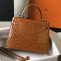 「#4171」 Hermès Crocodile Pattern Golden Brown Kelly Bag Gold Buckle 25cm