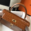 「#4171」 Hermès Crocodile Pattern Golden Brown Kelly Bag Gold Buckle 25cm